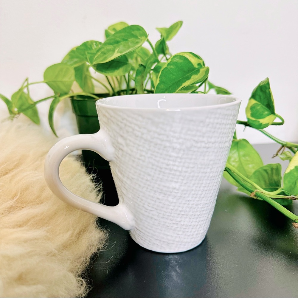 Spring FABRIC WEAVE Burlap Textured White Coffee Cup Mug California Pantry 10 oz